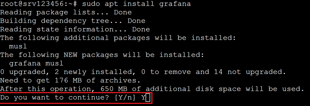 Grafana installation process prompt which informs you of the additional disk space, with the installation approval request highlighted.