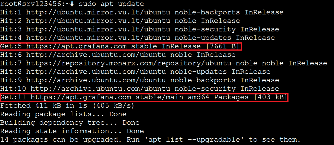 Image of the sudo apt update command's output, focused on the list of sources for packages. Both calls towards the newly added Grafana APT package source are highlighted.