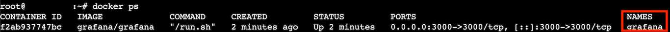 Terminal window with executed docker ps command and Names grafana highlighted in the results