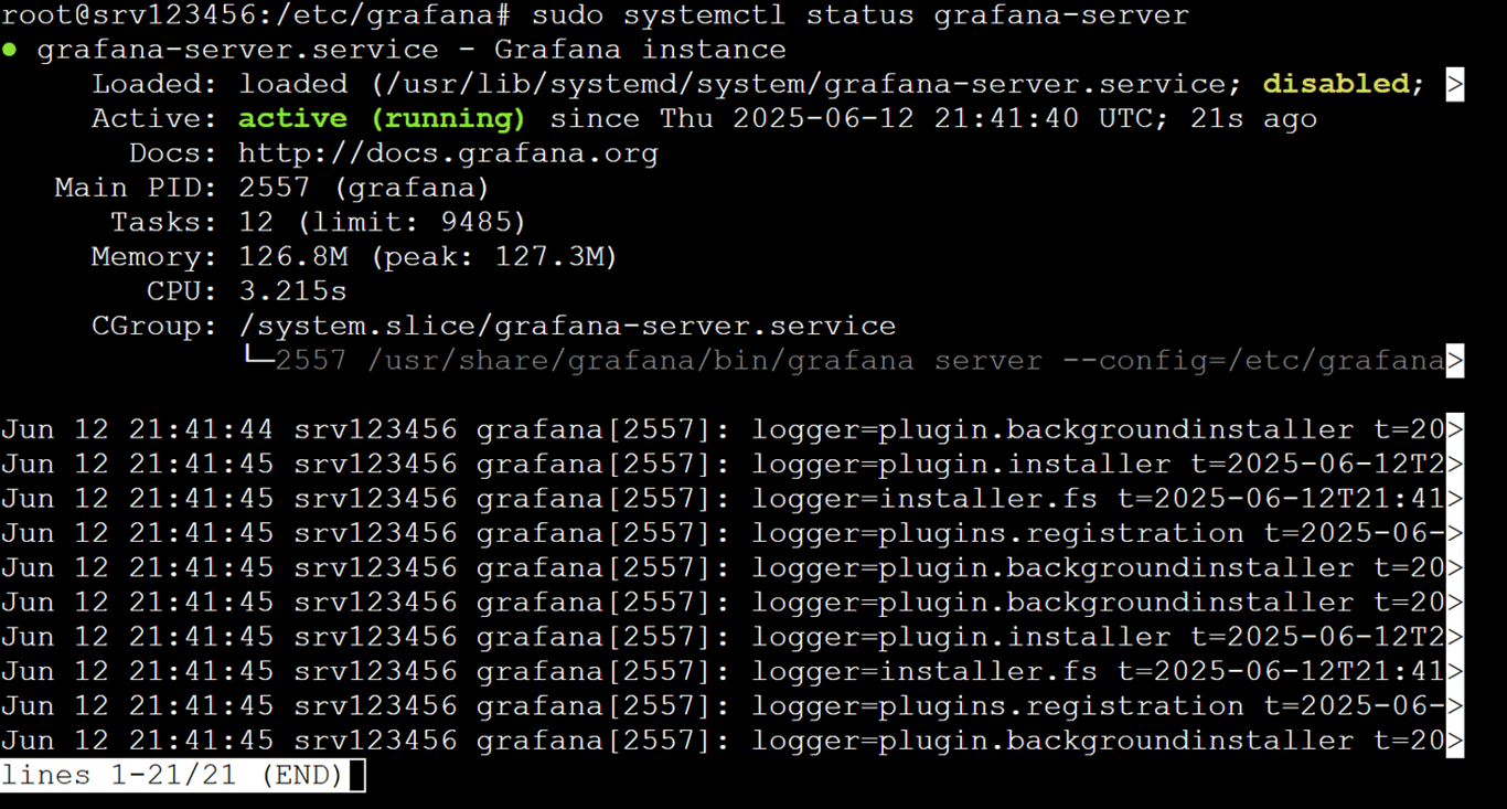 Output of the sudo systemctl status grafana-server command, which shows the status of the systemctl managed service, generic metrics, and most recent system logs.