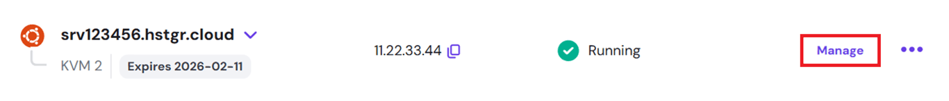 Image of a Hostinger VPS running on Ubuntu with the Manage option highlighted. 