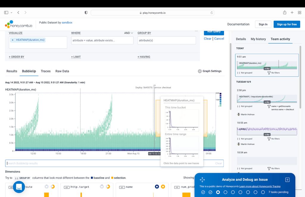 Image of the Honeycomb UI, where generic tracing data is being observed in the dashboard.