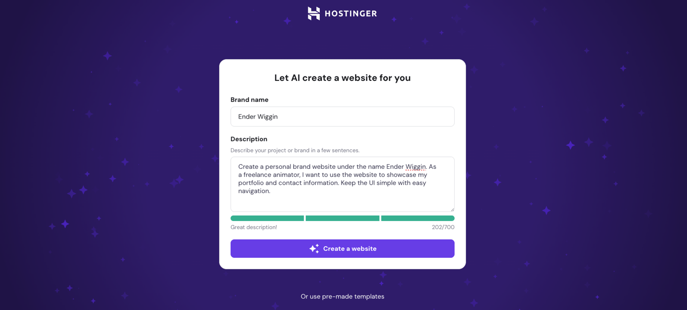 Hostinger AI website creation form