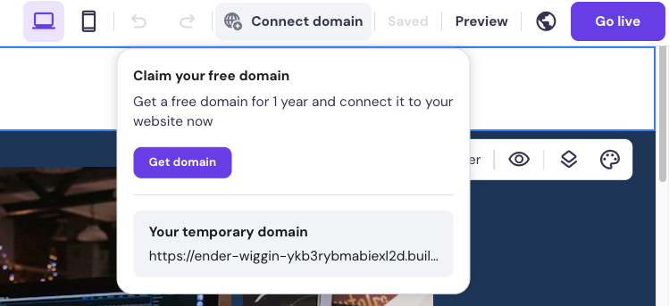 Hostinger Website Builder editor, showing a pop up to claim and connect a domain