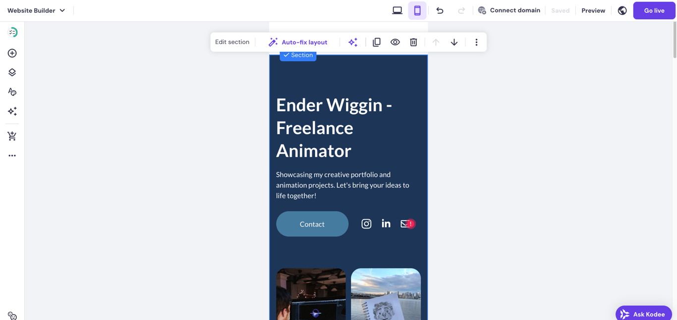 Editing a website's mobile version on Hostinger Website Builder
