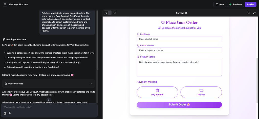 Hostinger AI Builder AI chat interface