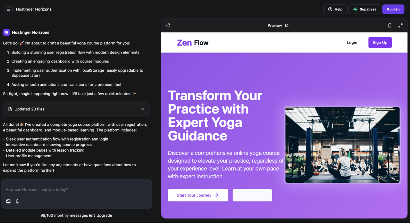 Hostinger Horizons chat interface