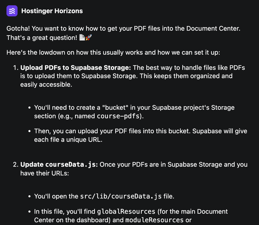 Hostinger Horizons guiding the user