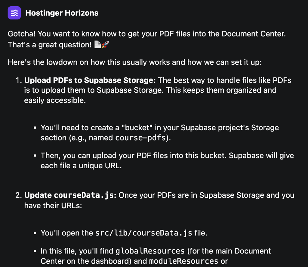 Hostinger Horizons guiding the user