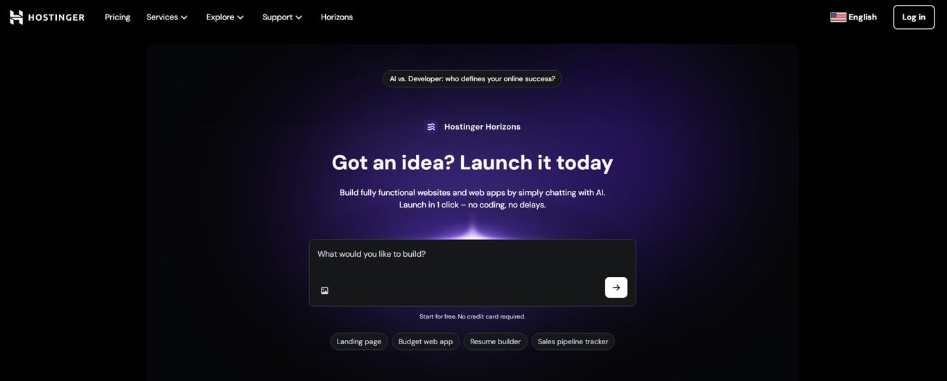Hostinger website prompt offering AI tools for building websites effortlessly, with a dark purple background and input field for project ideas.
