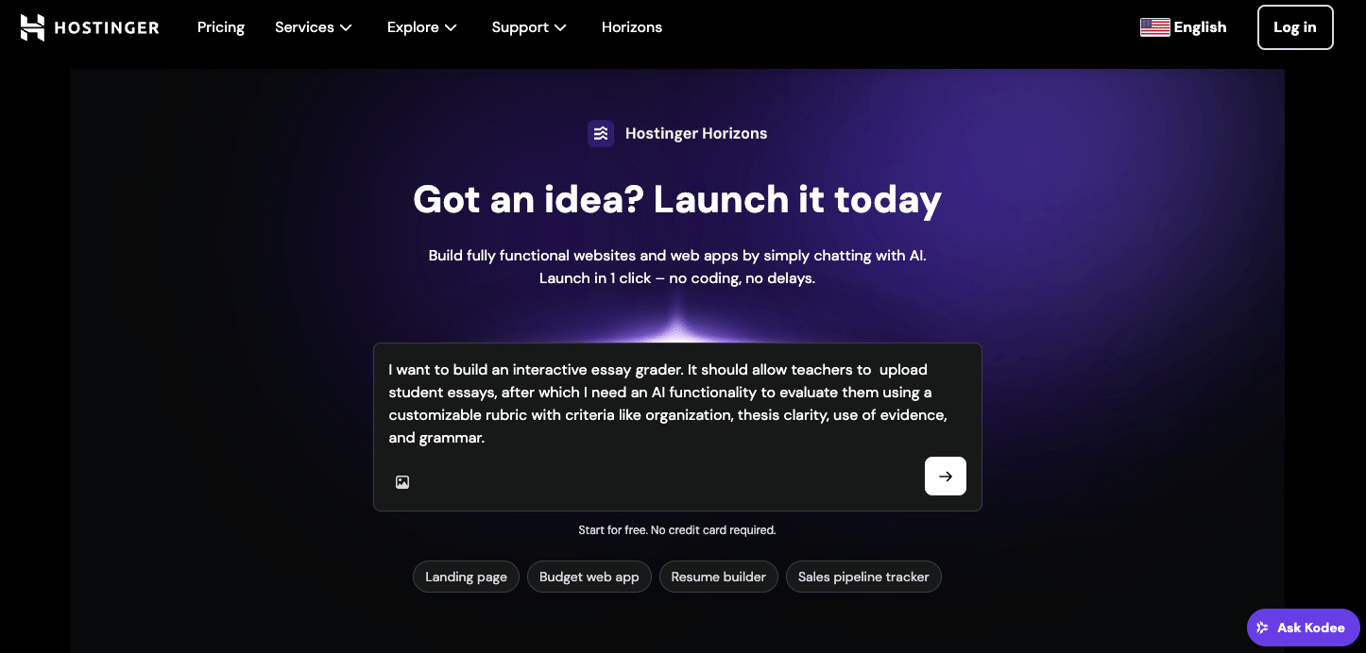 Hostinger Horizons landing page with an initial prompt describing an essay grading app