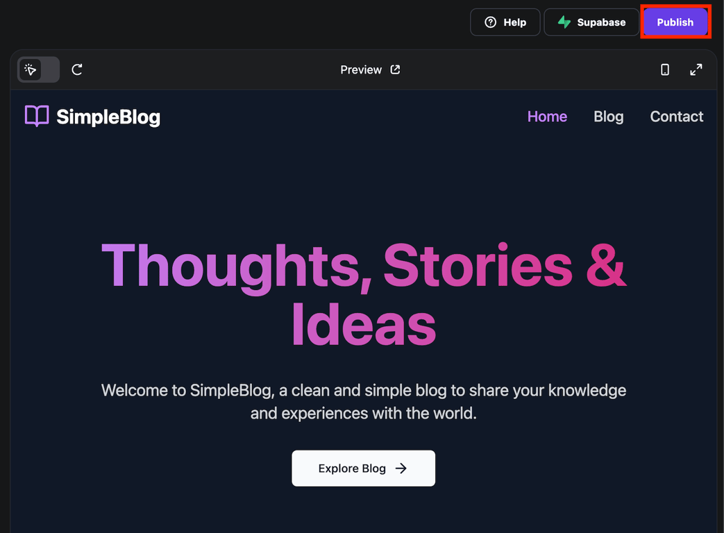 The Publish button on the Hostinger Horizons dashboard