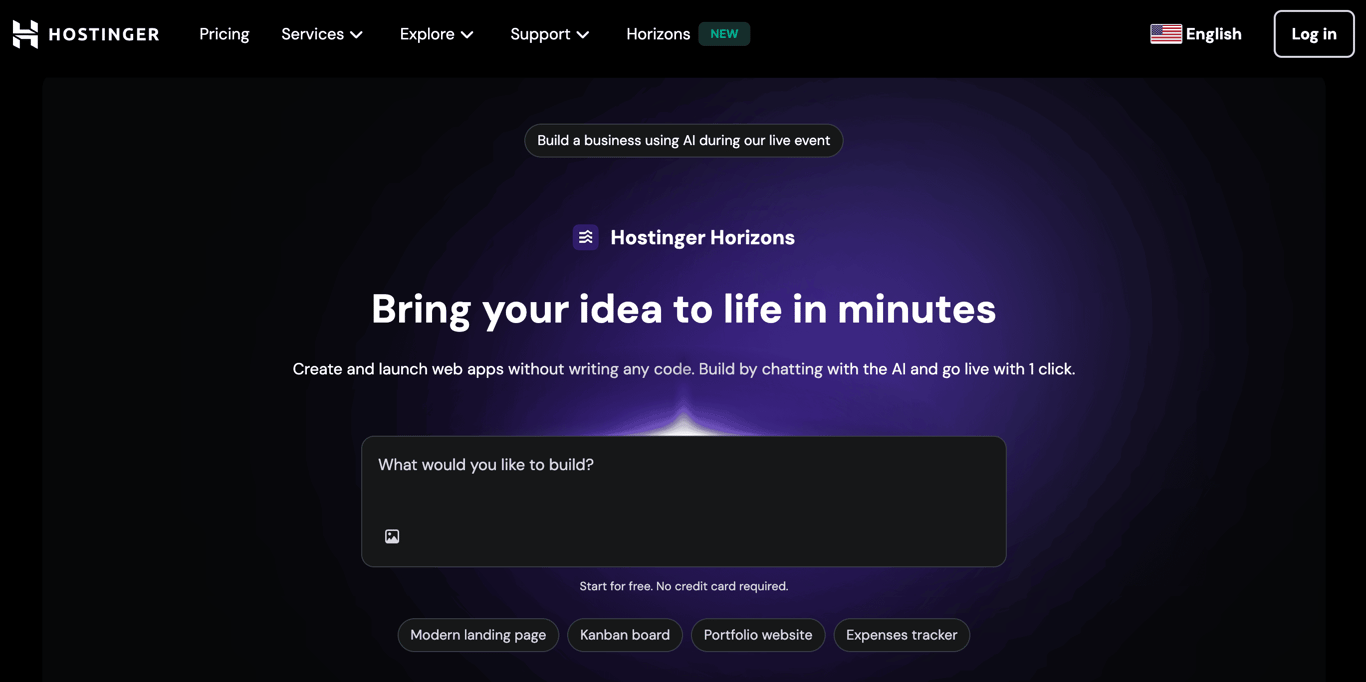 Landing page of Hostinger Horizons