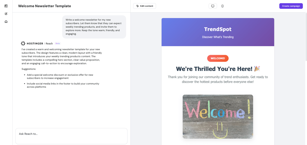 Template editor in Hostinger Reach
