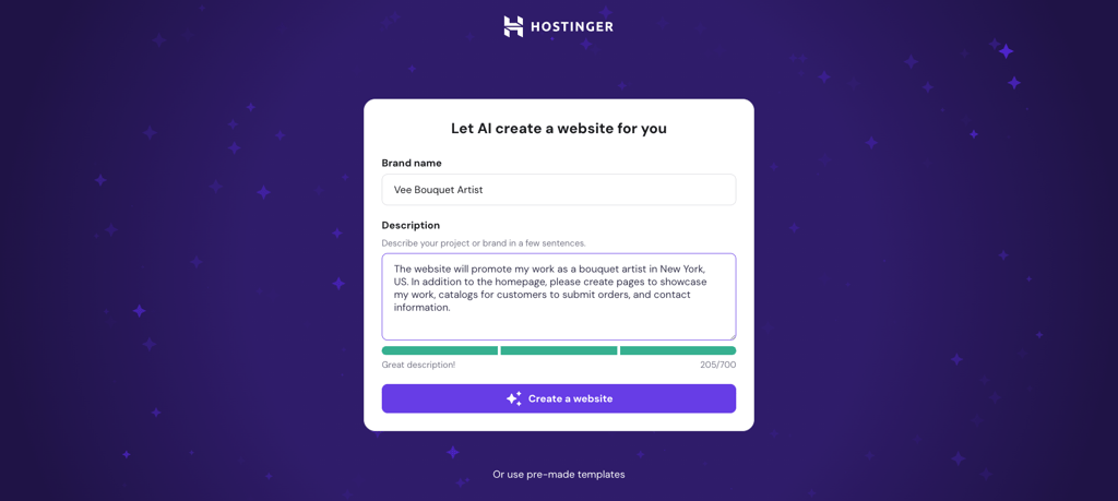 Hostinger Website Builder AI creation form