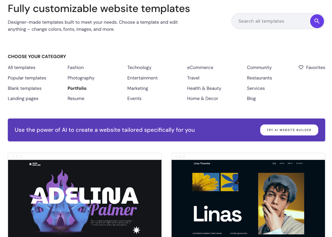 Hostinger website template selection