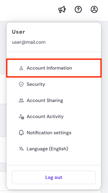 The Account information button on the hPanel's account management drop-down menu
