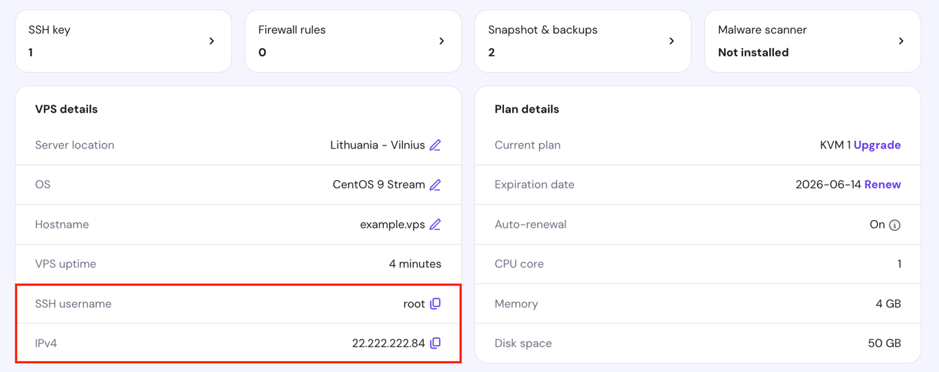 The SSH credentials in hPanel's VPS Overview page