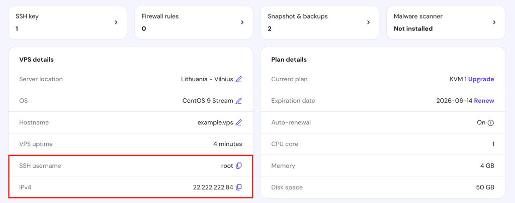 The SSH credentials in hPanel's VPS Overview page