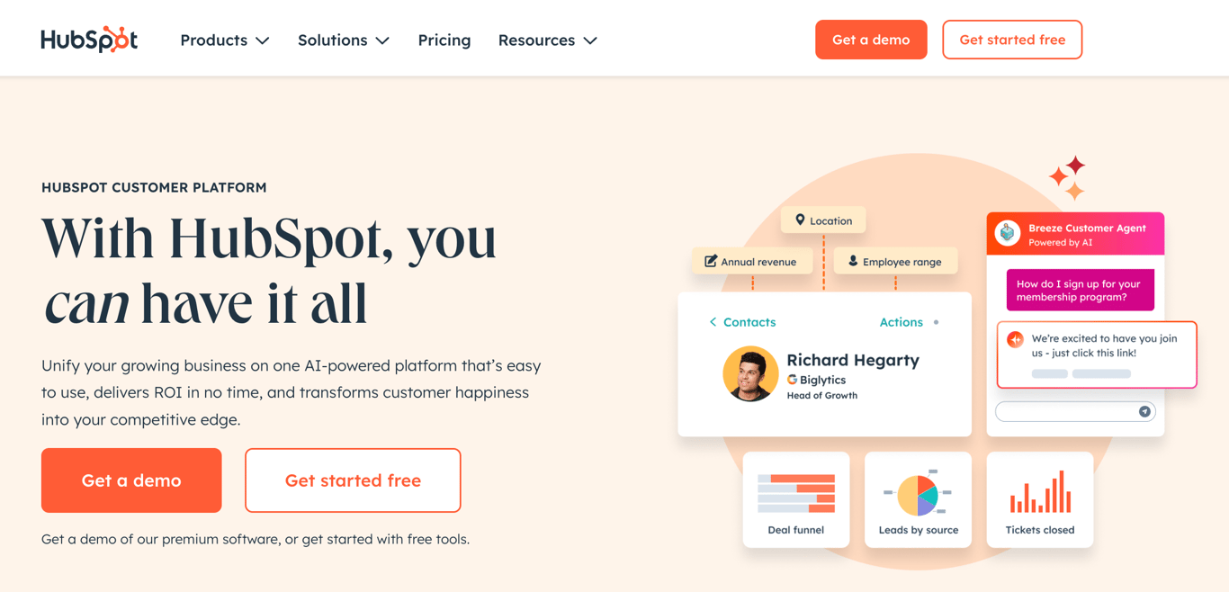 Homepage of Hubspot