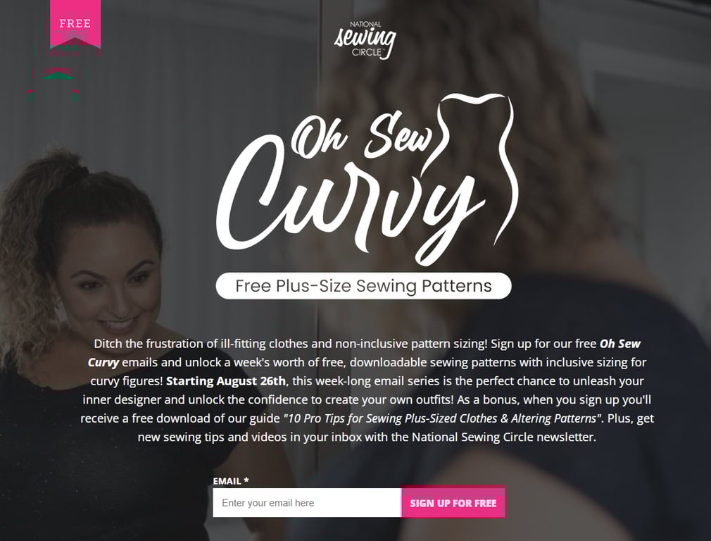 Promotional graphic for "Oh Sew Curvy" featuring free plus-size sewing patterns and tips for creating stylish outfits.