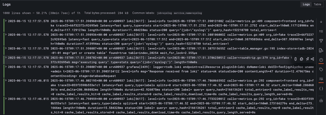 Grafana explore section open with logs displayed
