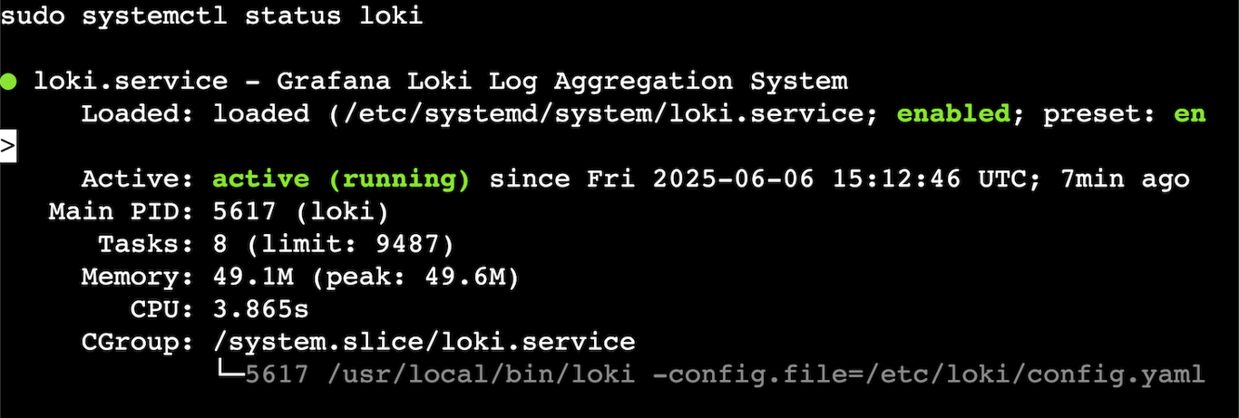 Terminal window showing Loki status as active