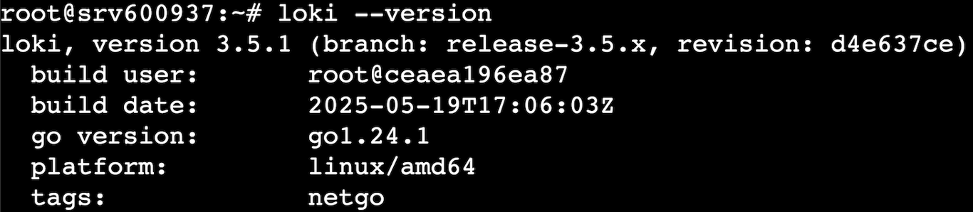 Terminal window showing results of loki --version command