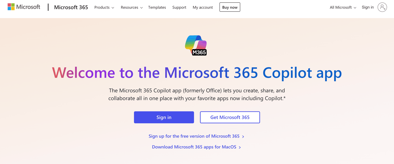 Homepage of Microsoft 365