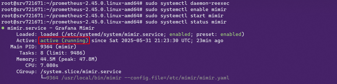System service for Mimir is active and running.