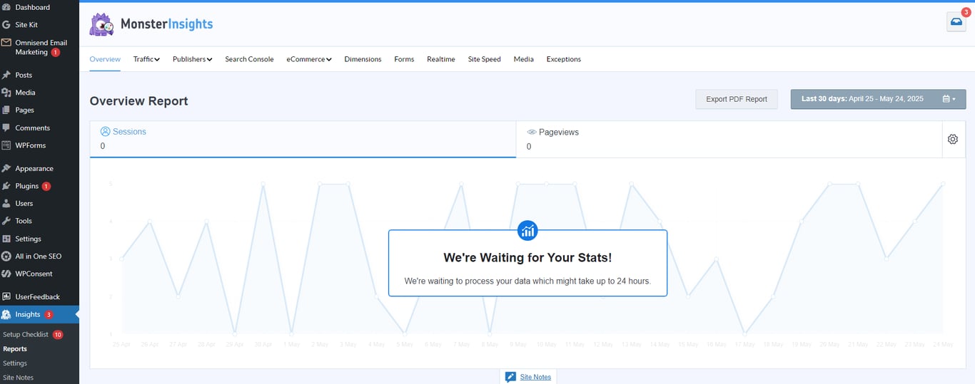 MonsterInsights dashboard displays an overview report with zero sessions and pageviews, awaiting data processing for statistics.