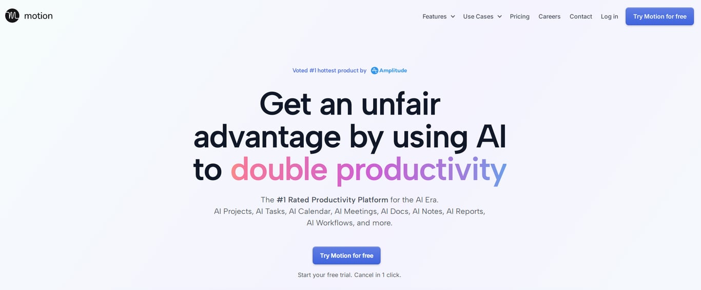A promotional banner for the Motion app highlighting AI-driven productivity tools with a call to action to try it for free.