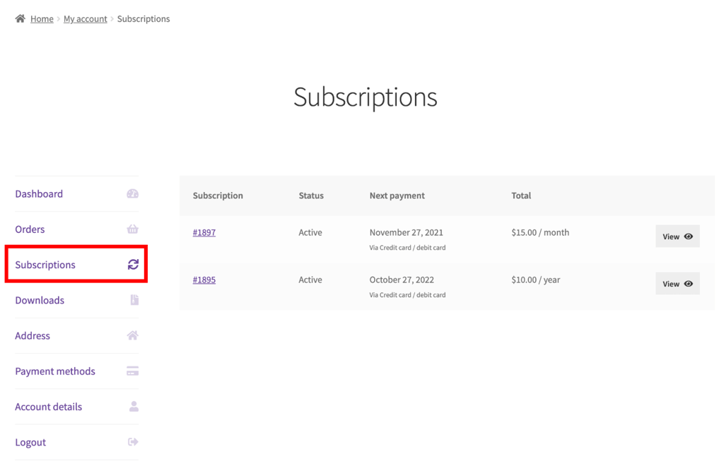 The My Account page with Subscription tab highlighted