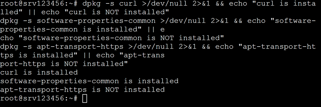 Output of the package checker script above, which displays that curl and software-properties-common are installed, but apt-transport-https is not present in the system.