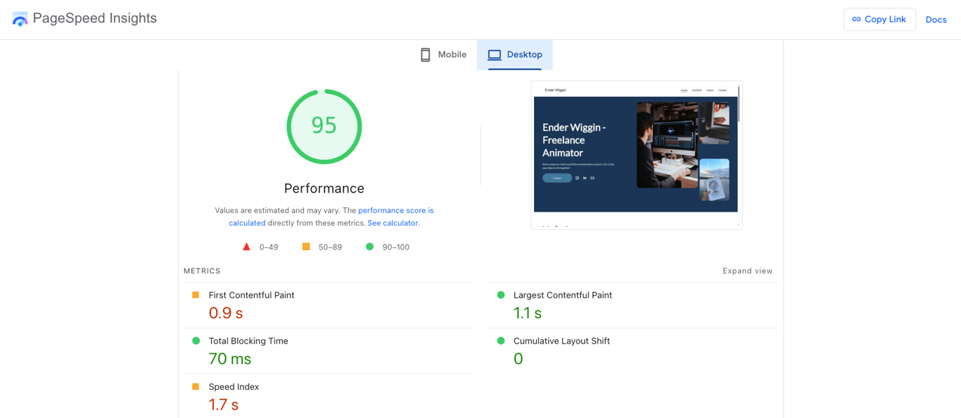 PageSpeed Insights test result