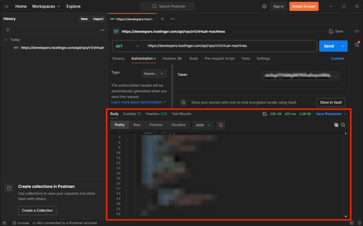 An API call's response in the Postman client's dashboard