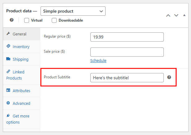 Product Data box in the WooCommerce product editor with the custom field highlighted