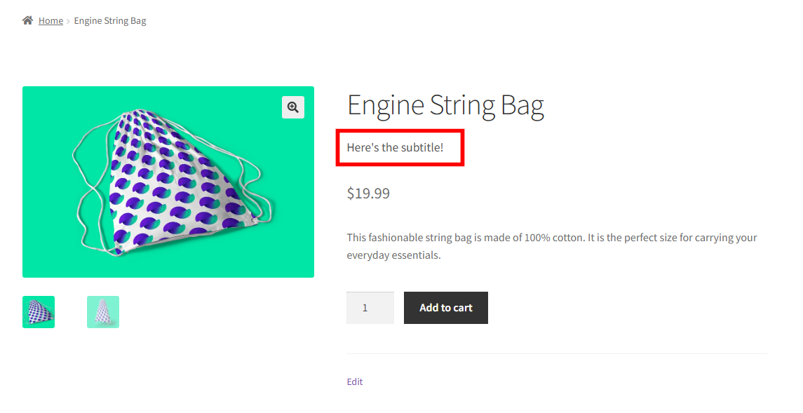 Product details page on the frontend with the custom field highlighted
