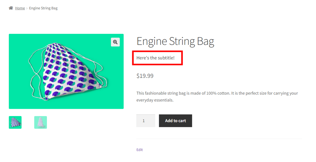 Product details page on the frontend with the custom field highlighted