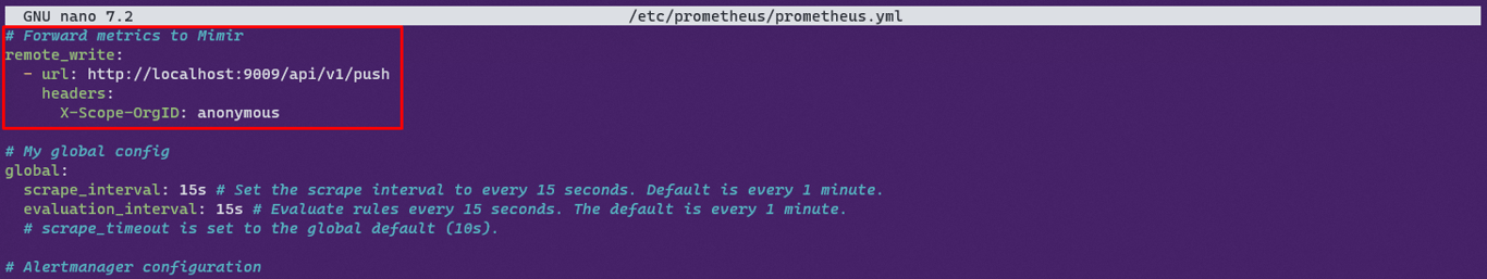 Prometheus configuration to forward metrics to Mimir.