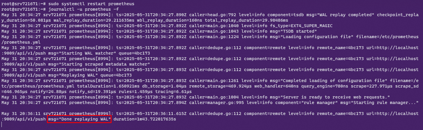 Successful log from Prometheus pushing metrics to Mimir.