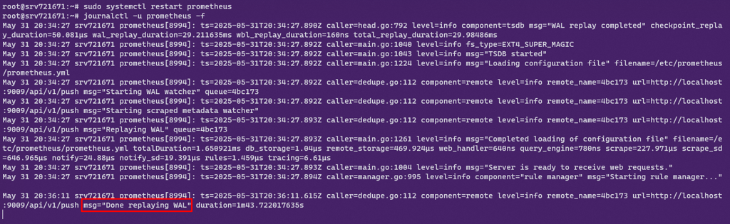 Successful log from Prometheus pushing metrics to Mimir.