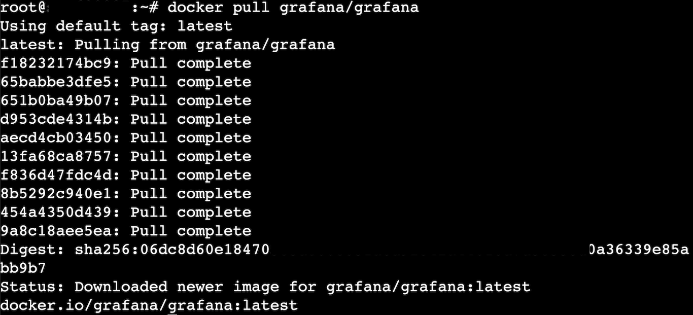 Terminal window displaying command docker pull grafana executed and its results