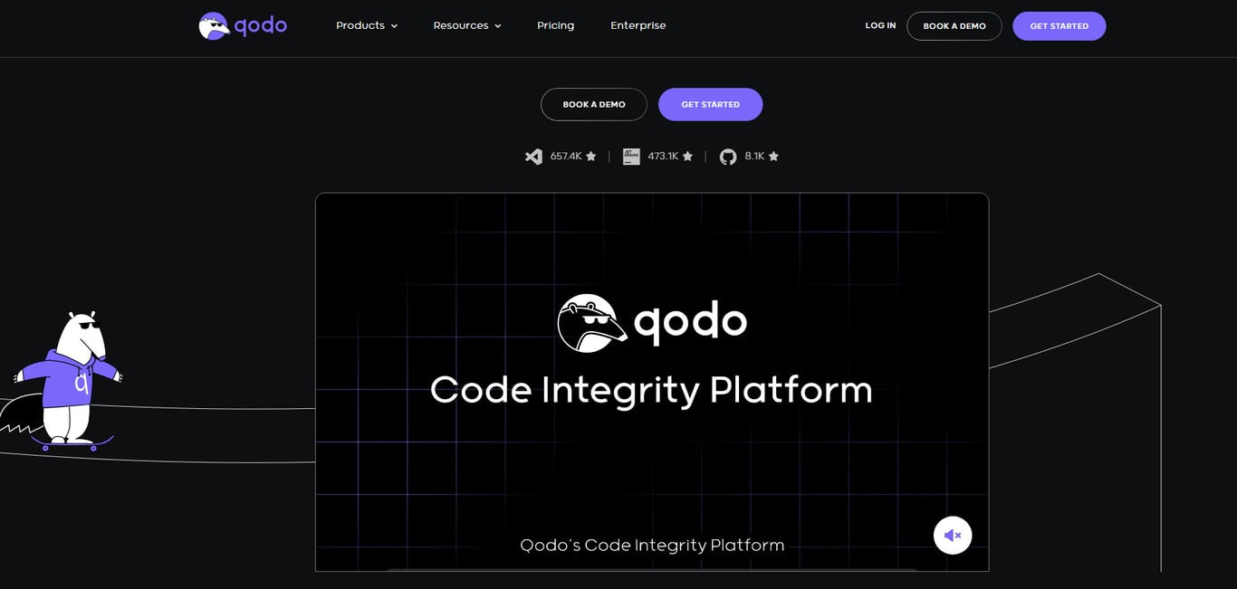 A playful bear mascot in sunglasses skateboards alongside a digital display for Qodo's Code Integrity Platform on a dark background.