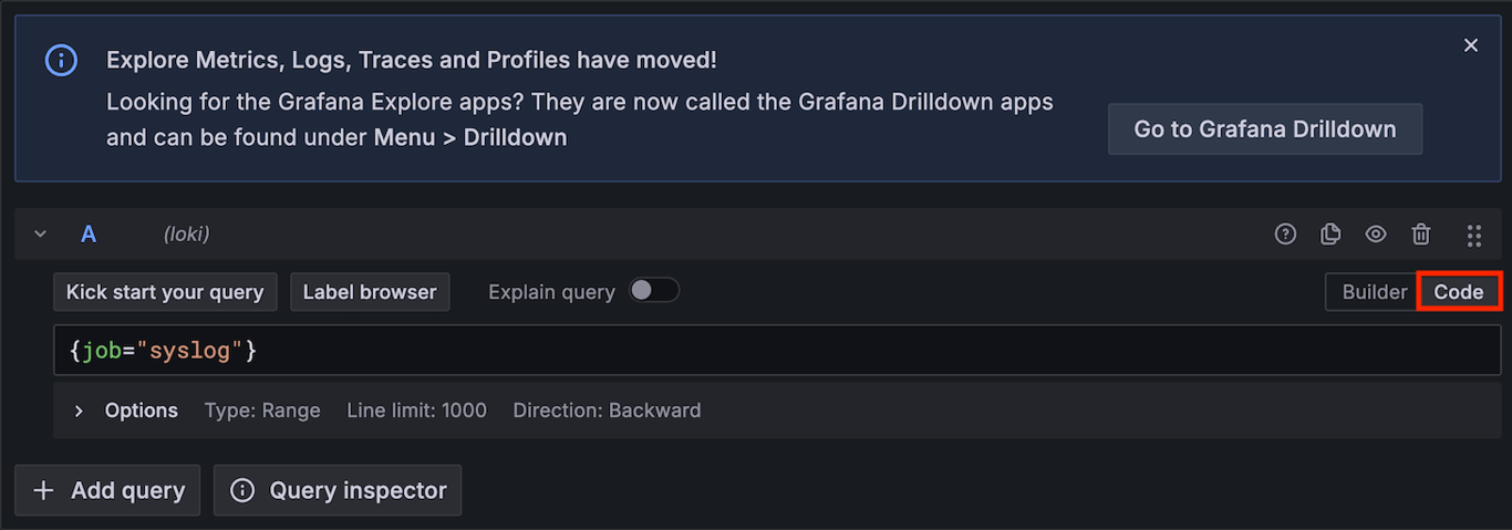 Grafana explore query editor with Code option highlighted in the top right.