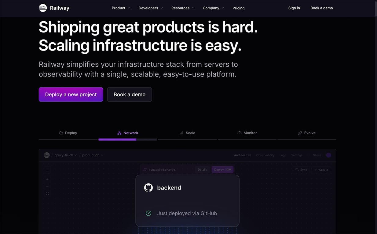 Railway homepage with the headline &ldquo;Shipping great products is hard. Scaling infrastructure is easy&rdquo; and buttons to deploy a project or book a demo