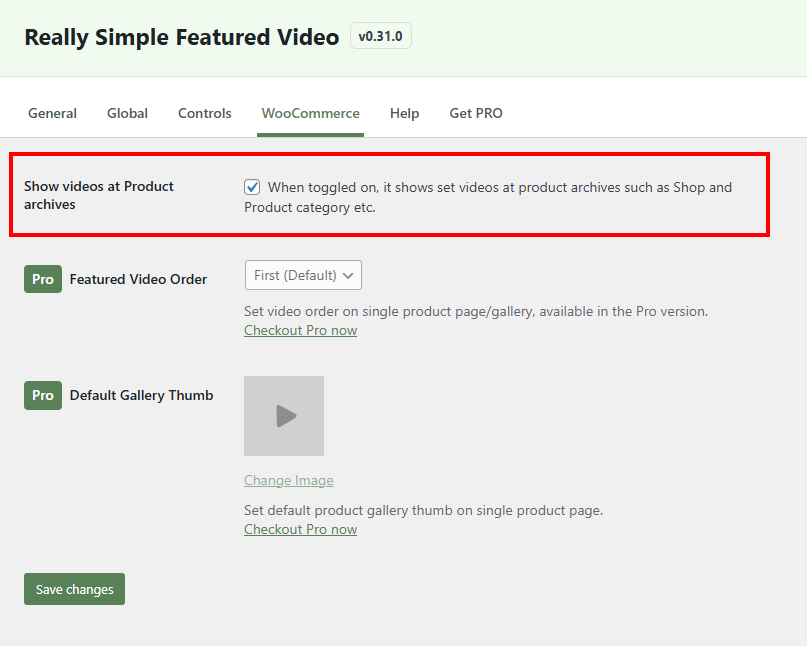 Really Simple Featured Video WooCommerce settings with the "Show videos at Product archives" option highlighted