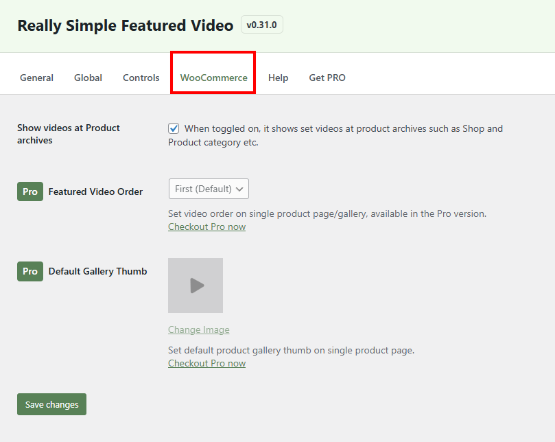 Really Simple Featured Video settings page with WooCommerece tab options