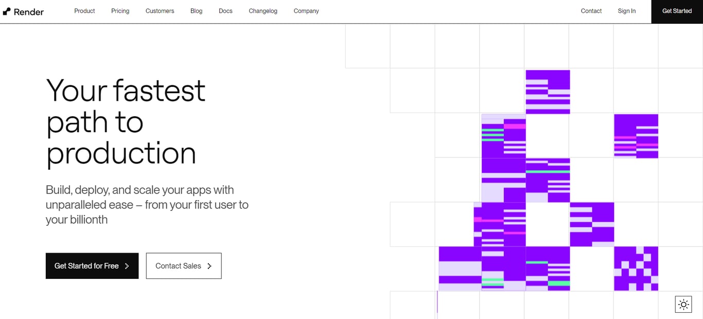 Render homepage showcasing a bold message about building and scaling apps easily, with vibrant abstract graphics in purple tones.