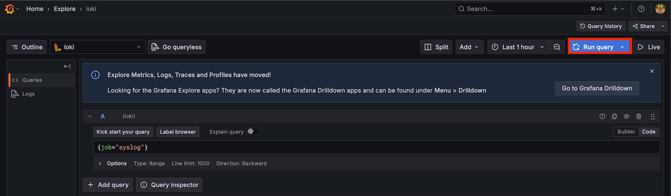 Grafana explore section open with Run query button highlighted at the top right
